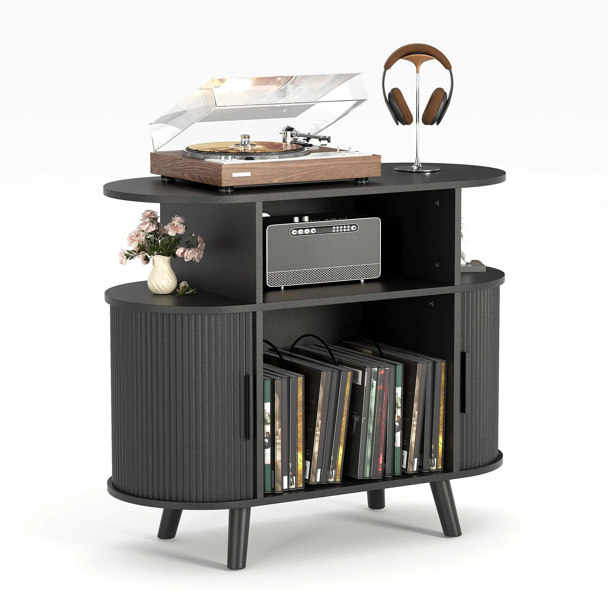 35'' Fluted Mid Century Modern Turntable Cabinet, Large Round Record Player Stand with Charging Station and Display Shelf, Arched Wood Record Player Table for Living Room,Black