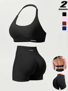 Tayoea Sporty 2 Piece Gym Workout Set Active Wear with Quick Dry Running Shorts, High Elastic Seamless Backless Sports Bra, Removable Cup for All Seasons Summer Activewear Matching Workout Set Active Sportswear