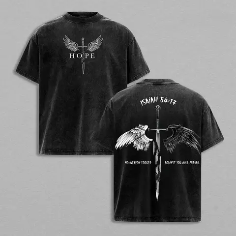 valentine shirts Isaiah 54:17 Bible Verse T-Shirt Washed , No Weapon Formed Christian Shirt, Sword and Angel Wings Faith Streetwear Graphic Tee, HOPE Jesus Apparel Church Outfit Gym Pump Cover