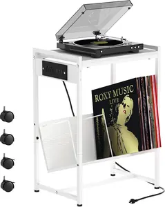 Record Player Stand White Vinyl Record Storage Record Player Table with Charging Station Turntable Stand with Album Storage End Side Table Nightstand for Living Room Bedroom
