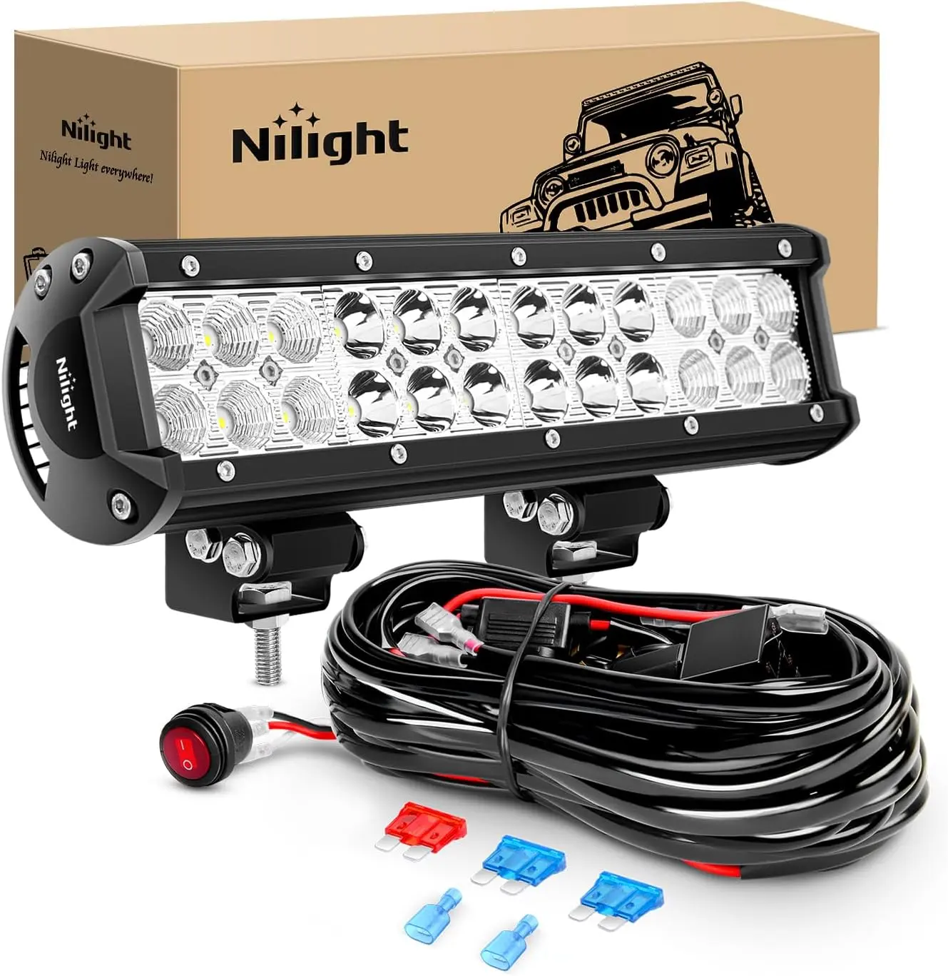 Nilight LED Light Bar 12 Inch 72W Spot Flood Combo - Off Road Fog Lights, 16AWG Wiring Harness Kit, 1 Lead for Truck ATV, UTV, SUV, Boat, Super Lightbar, Work Light, 72W Power Output