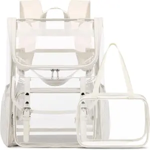Clear Backpack with Lunch Bag Set, Leather Clear Backpack Heavy Duty Thick PVC Bookbag Fashion See Through Transparent Backpacks with Support Pad for College Travel Work Beige
