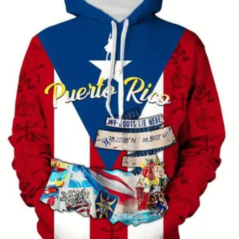 Men's Puerto Rico Flag & Cultural Hoodie, Printed Hooded, 3D Digital Print Long Sleeve Pullover, Drawstring Design, Loose Outdoor Fitness Wear, Fall Winter Casual Hooded Sweatshirt
