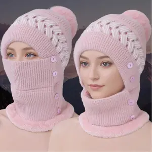 New Style Female Pompoms Winter Hats Plush Fur Lined Keep Warm Winter Hat Women Windproof Coldproof Thicken Balaclava Cap