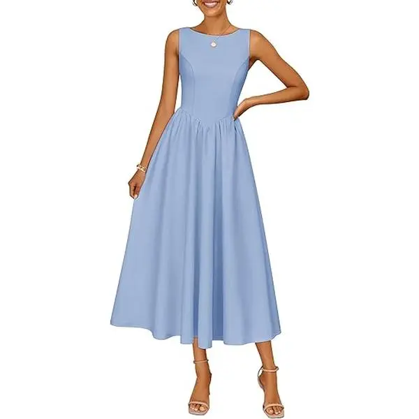 navy blue dress for baby girl ZESICA Women's Summer Elegant Sleeveless Midi Dresses 2026 Wedding Guest  Cocktail Party Crewnenck Flowy A Line Long Dress