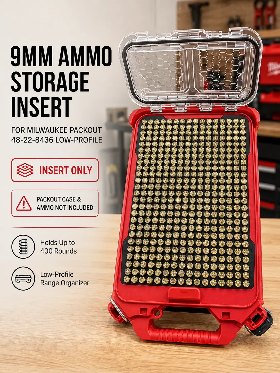 9mm Ammo Storage Insert for Milwaukee PACKOUT 48-22-8436 | Holds Up to 400 Rounds | Low-Profile Range Organizer | Insert Only