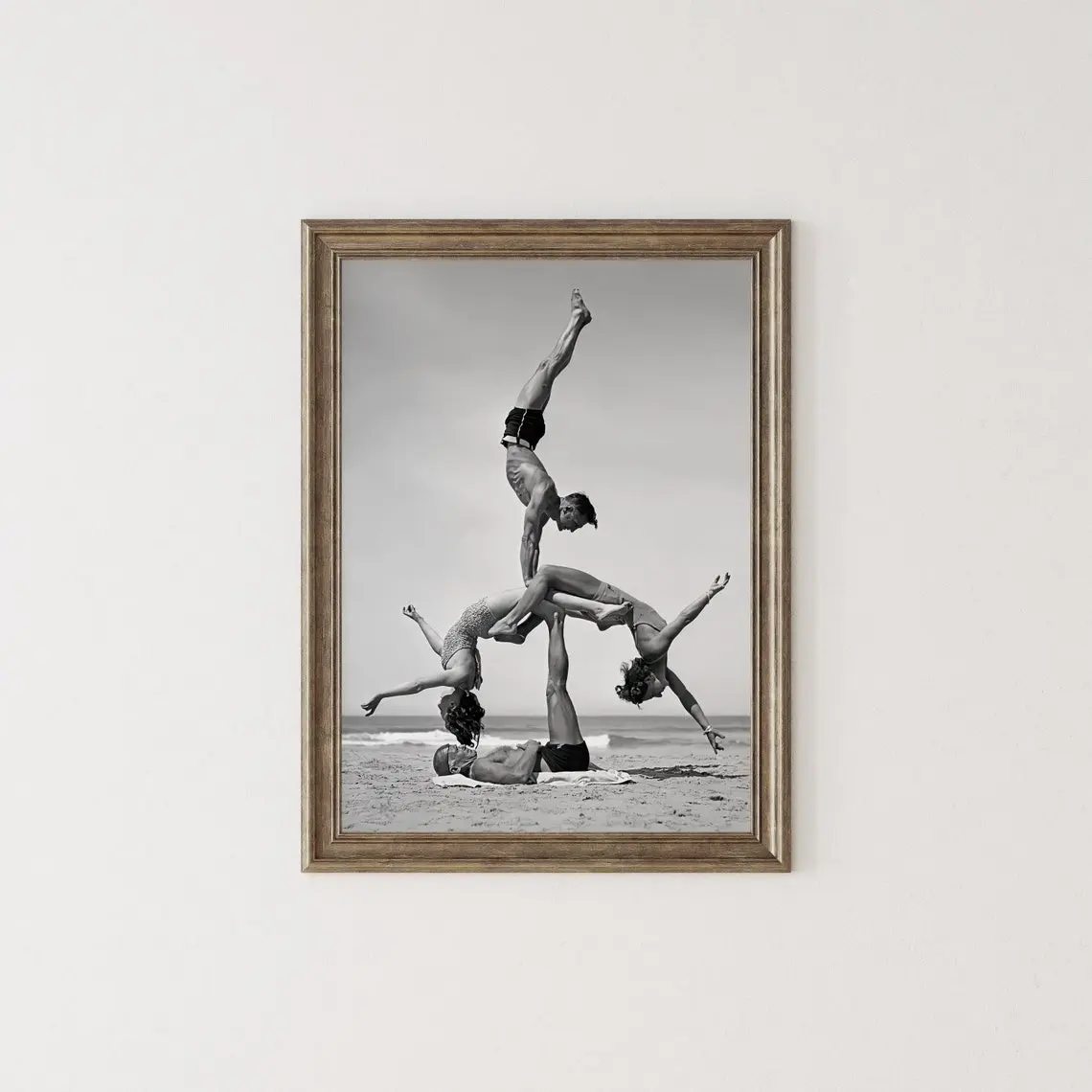 Beach Acrobatics Wall Art, Vintage Gymnasts Posing, 1930s Beach Fitness Poster, Old Photography, Black and White Print