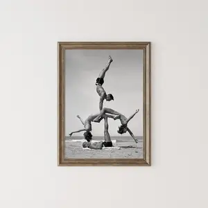 Beach Acrobatics Wall Art, Vintage Gymnasts Posing, 1930s Beach Fitness Poster, Old Photography, Black and White Print