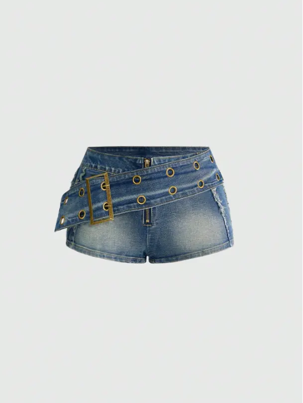 CROWNS Denim Shorts Vintage Big Belt Metal Contrast Hot Girl Personalized Niche