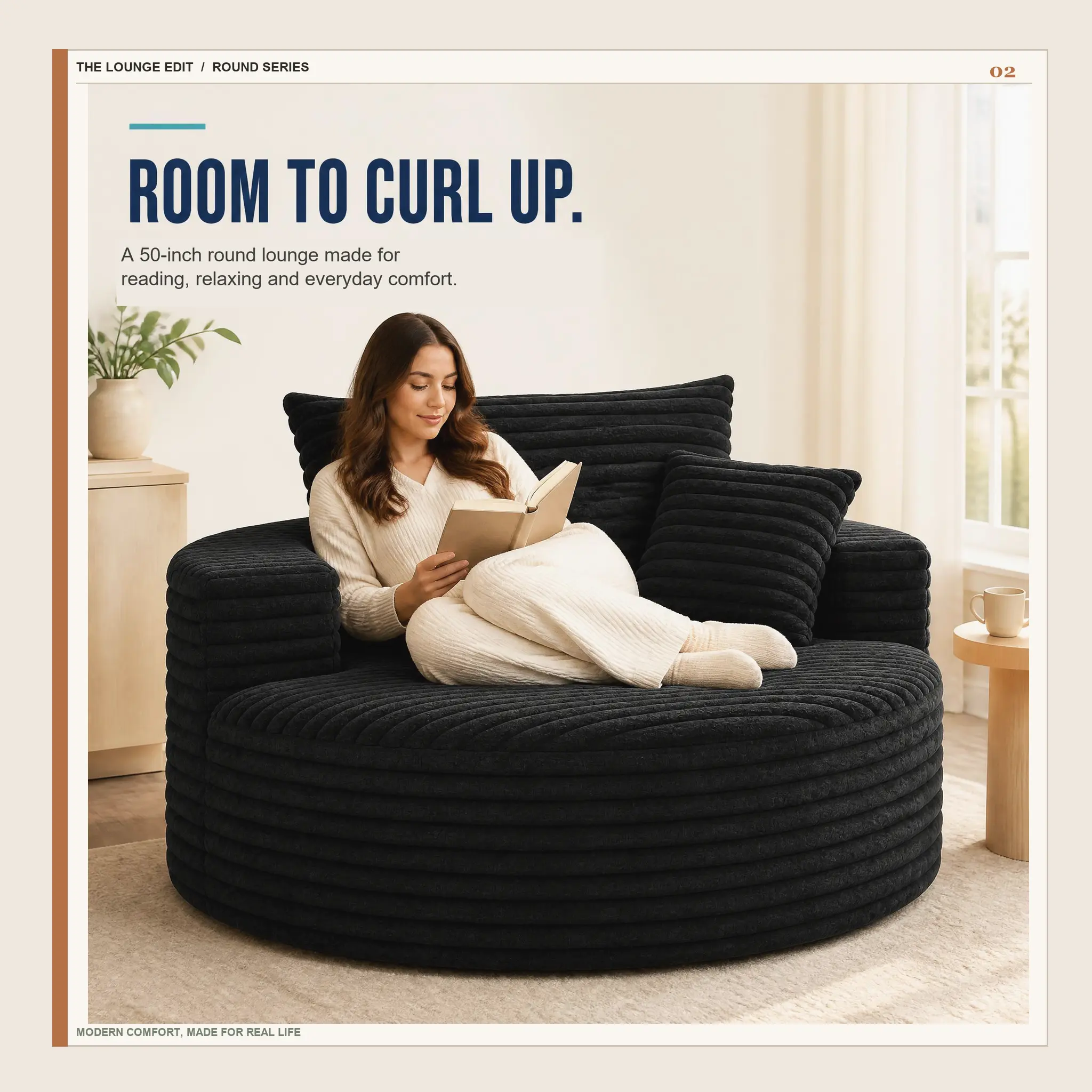 50 in Oversized Round Lounge Chair Sofa, No-Assembly Compressed Cloud Floor Couch with Deep Seat, Soft Ribbed Flannel, Backrest & Throw Pillows for Adults, Bedroom and Apartment