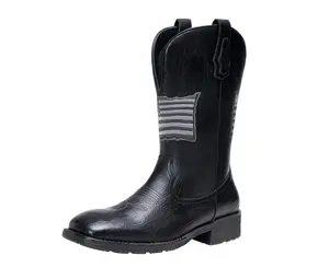 Cowboy Boots for Men Western Boot Side Zipper American Flag Retro Square Toe Mid-Calf Mens Boots