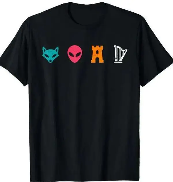 Casual Round Neck Short Sleeve Streetwear T-Shirt, Fox Alien Castle Harp Phonetic Pun Design, 4-Icons Horizontal Graphic, Sports & Outdoor Party Gift (No Box Included)