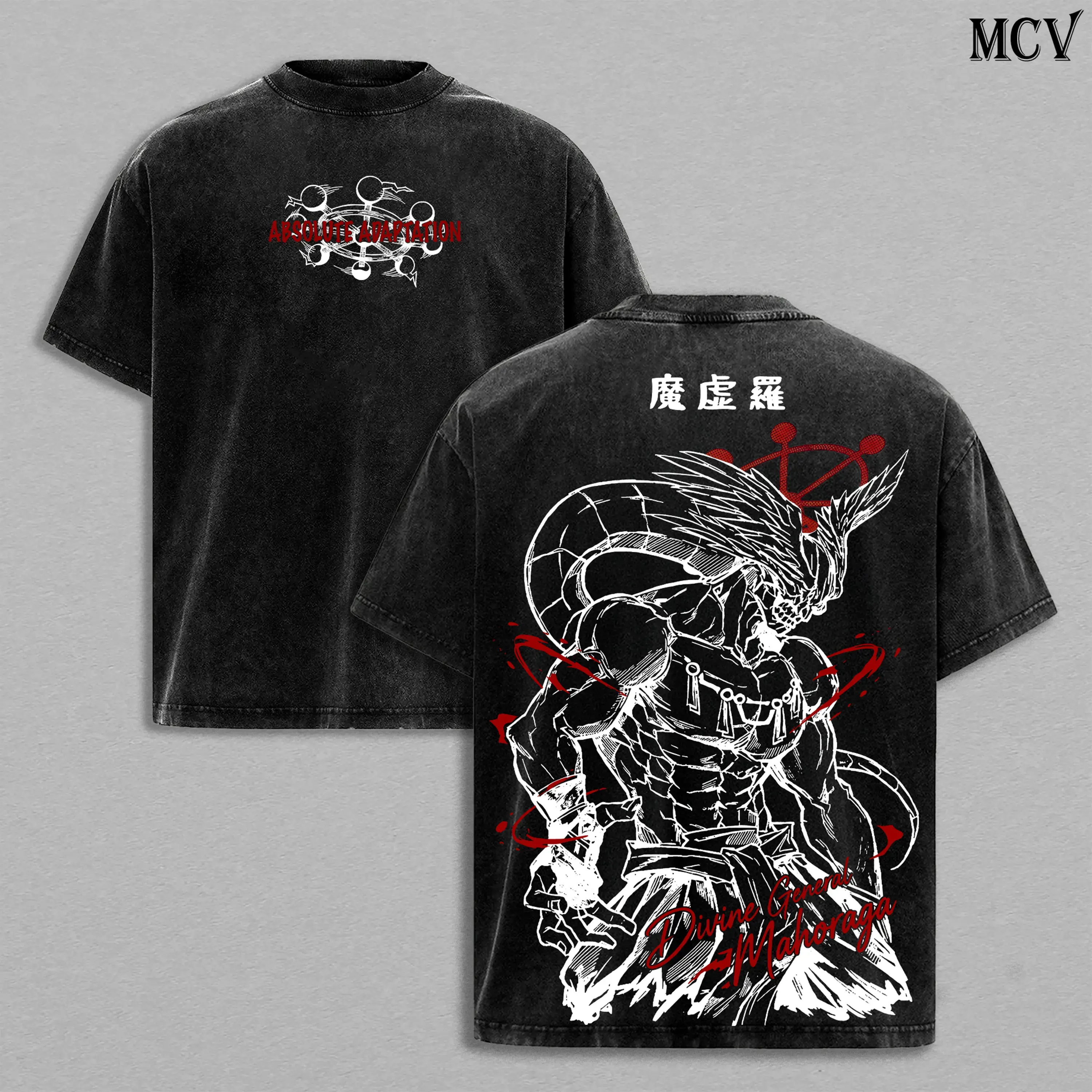 Mahoraga Tee Washed – JJK Anime Retro Washed Acid Washed Heavyweight Pure Cotton Oversized Print T-Shirt, Double-sided Print Dark Fantasy Anime Comic Streetwear, Retro Unisex Soft Pure Cotton Clothing, Jujutsu Kaisen Fan Gift