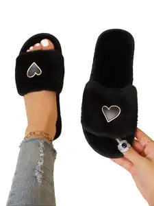 Unisex Plush Home Slippers, New Cartoon Heart Pattern, Soft Comfortable Rubber Sole, Casual Style for All Seasons Footwear