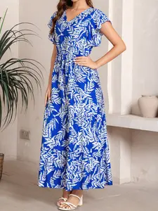 Women's Elegant Summer Dress, V Neck Half Buttoned Sleeveless Long Dress, Waist Drawstring Adjustable, Loose Fit, Comfortable Woven Fabric