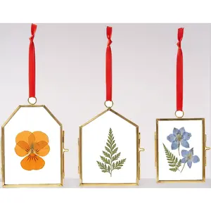 Gold double glass pressed flower frame 3 pcs floating hanging photo frame with chain brass clear display for gallery artwork horizontal or vertical hanging