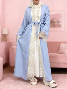 Modest Muslim Including hijab Long Robe Nida Fabric, Two Colors Available, Waist Belt & Pockets Included, Lace Decoration, Elegant Design, Modesty Muslim Clothing [Including hijab not inner]