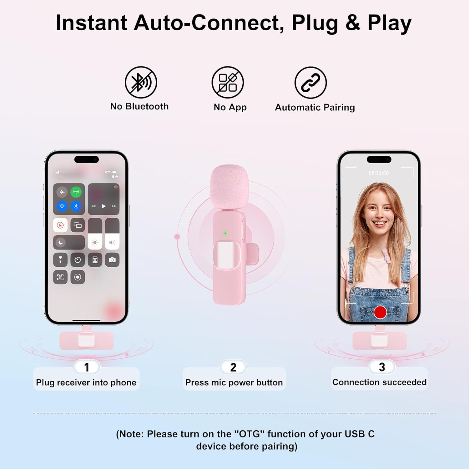 Pink Wireless Lavalier Microphone for iPhone & Android - Mini Clip-On Mic with Noise Cancellation, 65ft Range, 8H Battery, USB-C/Lightning - for TikTok, YouTube, Podcast, Live Streaming