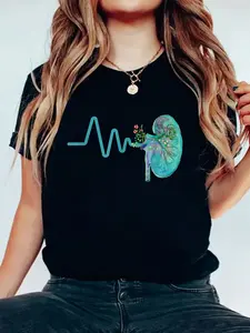 Dialysis Technician Week Ney Team Tech Nurse Heart Women T-Shirt , Floral Print, Round Neck, Short Sleeves, Stretch Fabric, Summer Top