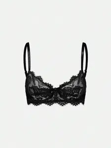 Goth Women's Fashion Floral Lace Underwire Triangle Cup Bra Halloween Fantasy-Elegant Spaghetti Strap Black Adjustable Straps - Womenswear, Fabric