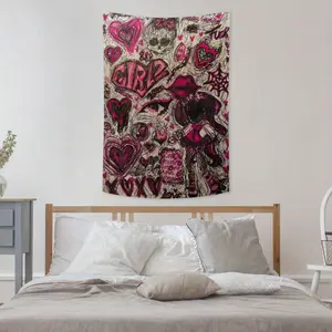 Graffiti Art Tapestry Wall Hanging - Pink & Black Urban Street Style with Hearts, Skulls, Lips & Spider Web Design - Horizontal Home Decor for Bedroom, Living Room, Kitchen, Outdoor, Parties - No Electricity Needed, Unique Gift Idea, Party
