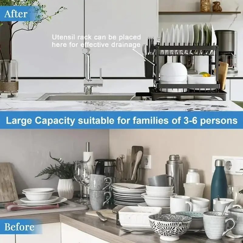 1 Piece Dish Drying Rack, 2 Tier Dish Racks with Cup Holder, Dish Drainer with Water Tray for Kitchen Counter 1 Piece Dish Drying Rack, 2 Tier Dish Racks with Cup Holder, Dish Drainer with Water Tray for Kitchen Counter