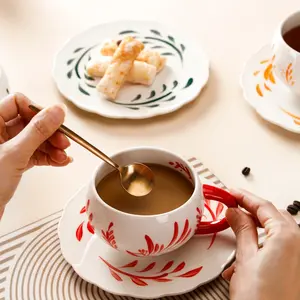 Creative Coffee Cup Set, 6-Piece Includes 2 Cups, 2 Saucers, 2 Spoons, Dishwasher Safe, Ideal for Home, Restaurant, Cafe, Afternoon Tea