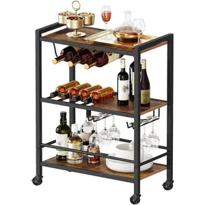 HOOBRO Bar Cart, 3-Tier Coffee Cart with Wheels, Kitchen Cart, Wine Cart with Wine Rack and Glass Holder, Rolling Serving Cart for Home, Living Room, Party, Bar, Rustic Brown and Black BF35TC01G1