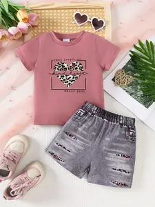Women's Newborn Leopard Print Heart Pattern Soft Knit Fabric Casual Short Sleeve T-Shirt + Faux Denim Shorts Set, Two-Piece
