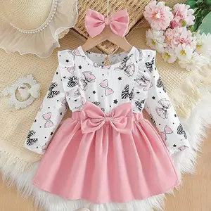Baby Girl Outfit Set – Long Sleeve Bow Ruffle Top, Pink Skirt & Matching Headband for 6M-3Y