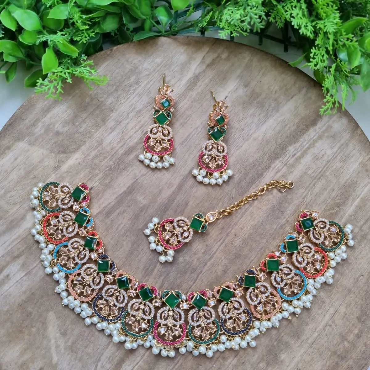 Stunning Nauratan Necklace Set with Earrings and Tikaa