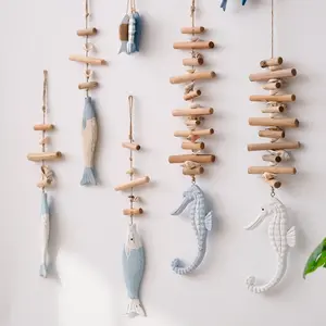 Wooden Drift Shell Fish Pendant Decoration, Fishing Net Background Ornament, Three Color Fish String Hanging Decor, Unique Home Décor Item