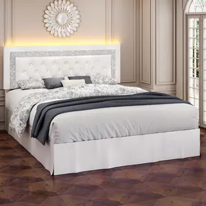 SIBEDS Diamond Upholstered Bed Frame with Adjustable Headboard, Modern Princess Style Platform Bed with LED Lights and Skirt, Crystal Button Tufted Foundation with Wooden Slats, Easy Assembly, Black/White/Grey/Best Gift ldeas/Christmas Gifts