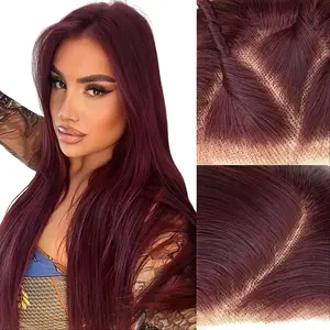 30 Inch 99j Color Long Straight Lace Front Wig For Women Synthetic 13x6 Lace Front Straight Wig Pre Plucked Pre Cut Natural Hairline with Tiny Knots High-quality Synthetic hair Gorgeous Fluffy without Bangs Synthetic Wig for Party, Daily Use