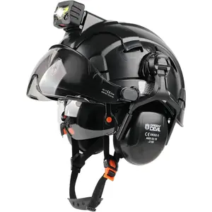Hard Hat with Rechargeable Headlamp, Visor & Ear Muffs, Vented Safety Construction Hat with Cooling Liner, Dual Face Shield, Hearing Protection, 7-in-1 Advanced Work Gear for Industrial Forestry