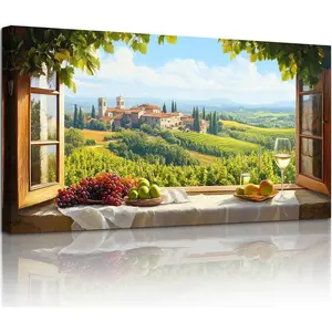 Framed Vineyard Faux Window Wall Art, Italian Countryside Landscape Large Artwork, Grape Fields Prints Kitchen Wall Decor, Rustic Charm Pictures for Living Room Dining Room No-window Room 32x16 Inch