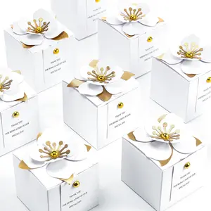 50 count Wedding Favor Boxes with Thanks Card Square Flower Candy Boxes Paper Bridal  Box for Guests Wedding Bridal Shower Birthday Party Anniversary(White)