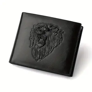 Men's Sleek Black Faux Leather Wallet with 3D Lion Embossing - Professional Business Style, Multi-Card Slots & Coin Pocket, Ideal Christmas Gift