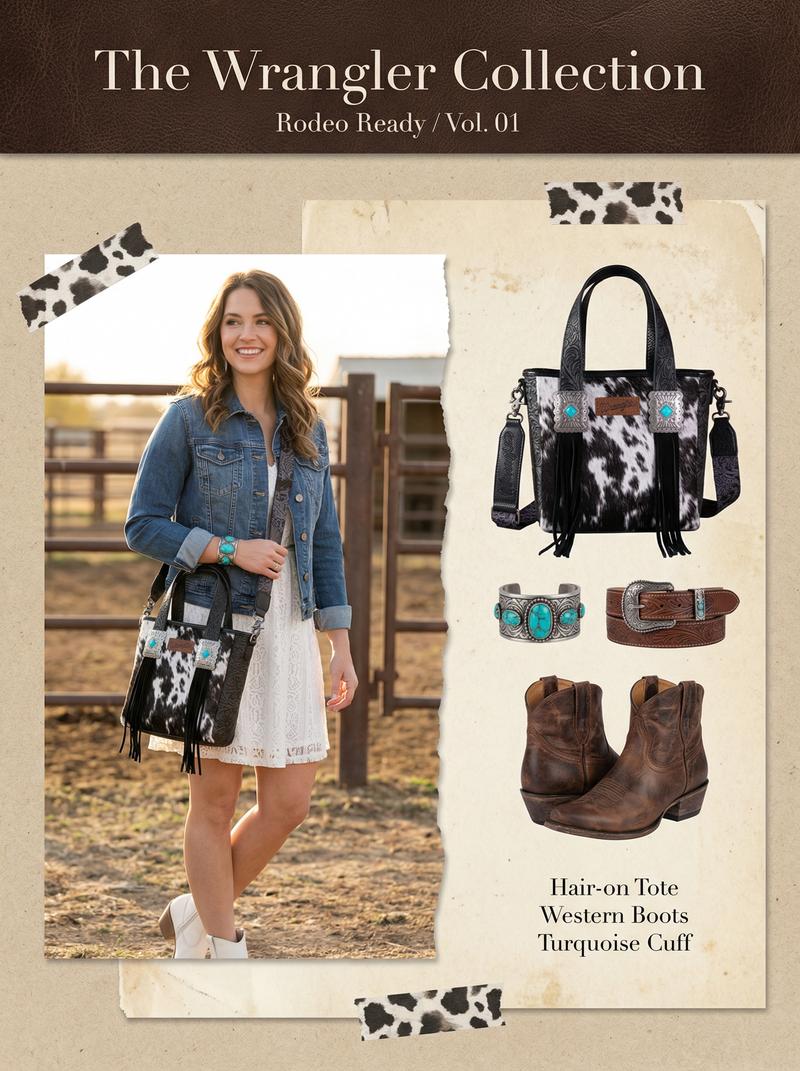 Wrangler Cowhide Top-Handle Tote Bag Western Tooling Handbag With Turquoise Stone Concho-Fall Fashion