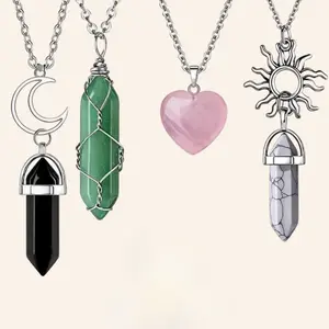 4 Styles Natural Healing Crystal Pendant Necklaces, Moon Obsidian Column, Wire Wrapped Green Chalcedony, Pink Quartz Heart, Sun White Howlite Raw Stone Jewelry, Great Gift For Anniversaries, Graduation Ceremonies, Parties And Daily Occasions