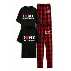 Trendy TikTok Viral Couple Matching Pajamas Set | I Love My Girlfriend/Boyfriend Graphic Print Black Tees & Red Buffalo Plaid Pants | Soft Breathable Cotton Loungewear | Perfect for Valentine's Day Date Night, Cozy Homewear, or Couple Gift Idea | Comfy