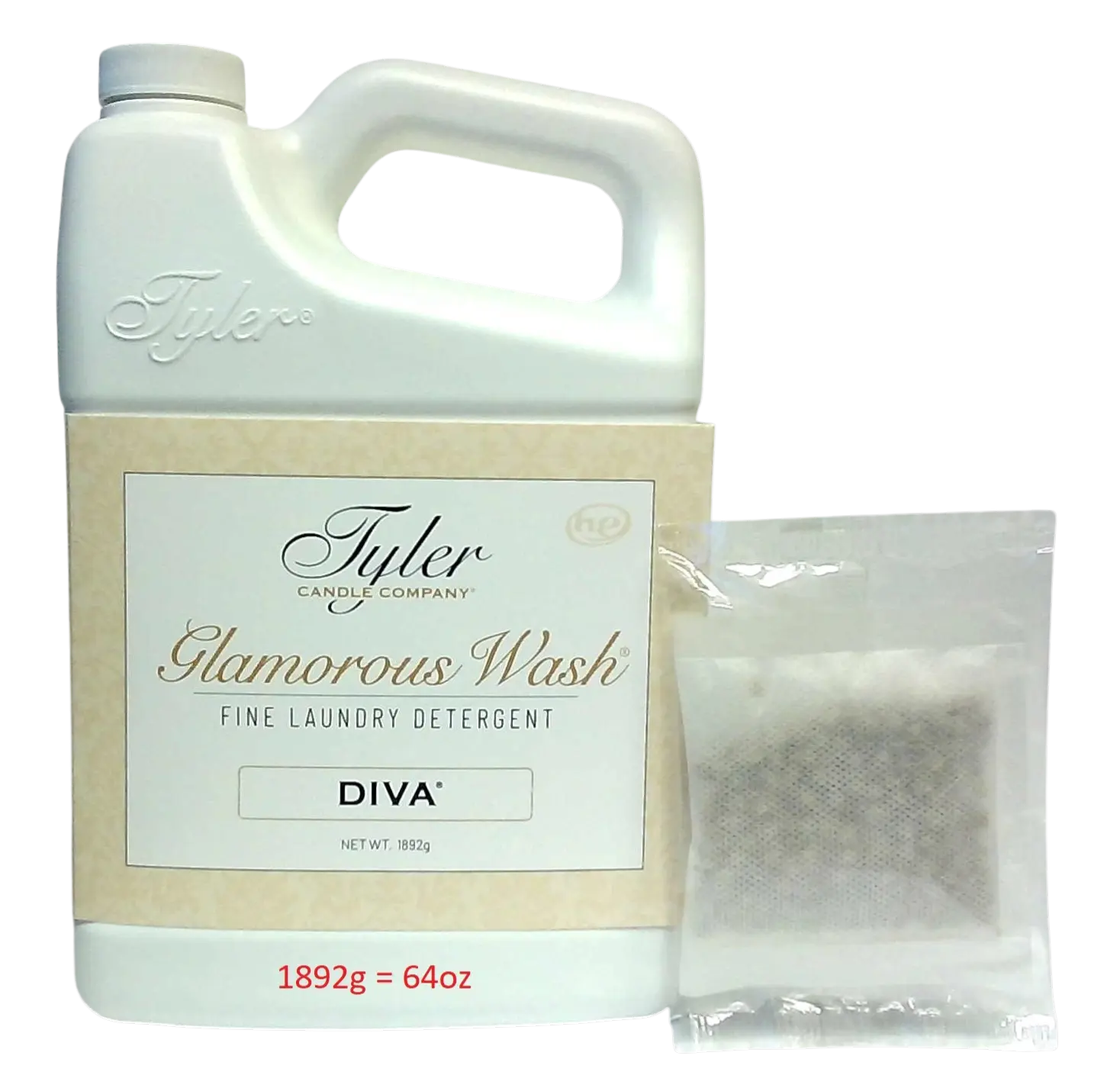 Tyler Candle Company Glamorous Wash Scented Laundry Detergent - Tyler Detergent, Diva Fragrance Liquid Cleaner with 1 Sachet Pouch (1.89L/64oz)