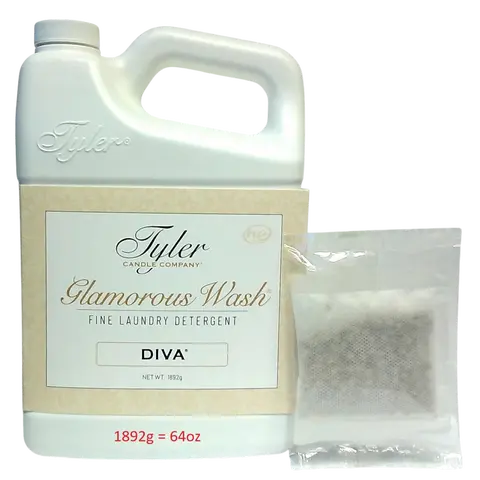 Tyler Candle Company Glamorous Wash Household Liquid Laundry Detergent - Cruelty-Free Chocolate Amber Warm Fruit+Floral Scent, Gentle, Hand/Machine Use, Adjustable Strength, Adult-Only, 1 Sachet (1.89L/64oz), Laundry Soap, Warm Diva Lifts Every Wash