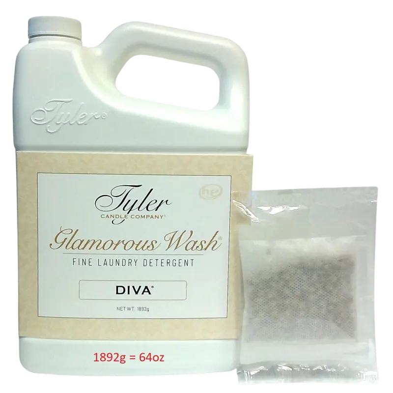 Tyler Candle Company Glamorous Wash Household Liquid Laundry Detergent - Cruelty-Free Chocolate Amber Warm Fruit+Floral Scent, Gentle, Hand/Machine Use, Adjustable Strength, Adult-Only, 1 Sachet (1.89L/64oz), Laundry Soap, Warm Diva Lifts Every Wash