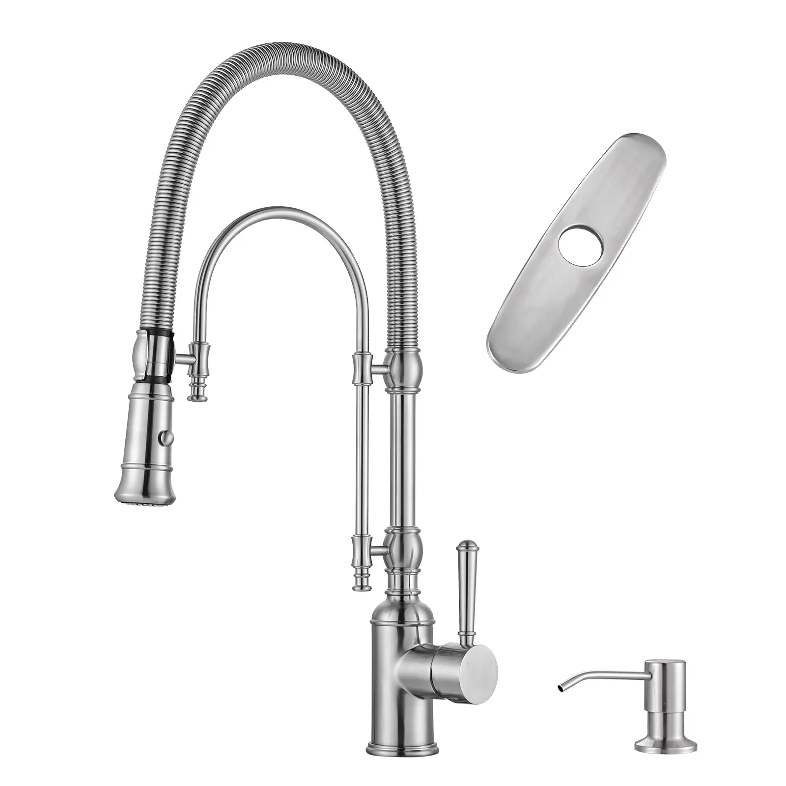 WOWOW Modern Minimalist High-Arc Single-Handle Pull-Down Sprayer Kitchen Faucet, Solid Brass Construction, Pre-Installed Faucet Sprayer Attachment, Matching Soap Dispenser, Brushed Nickel Finish, Multiple Spray Modes, High Arc Faucet