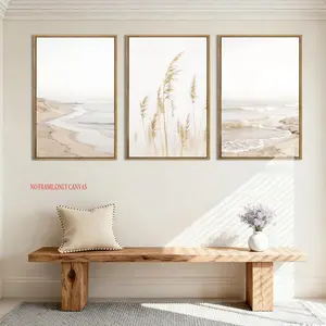 3-Piece Set, Modern Beach Artwork Seascape Wall Decor, Coastal Reed Pathway Design Minimalist Neutral Coastal Landscape Wall Art Suitable for Living Room, Bathroom 2D Flat Panel