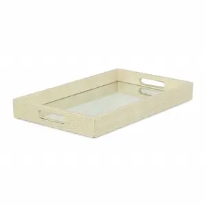 360 Stand 16 in. Rectangular Solid Wood Handmade Tray with Handles, White & Gold, Decorative Home Organizer Storage Tray