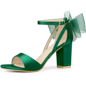 BLISSFUL STEP Bow Ankle Strap Open Toe Block Heel Sandals