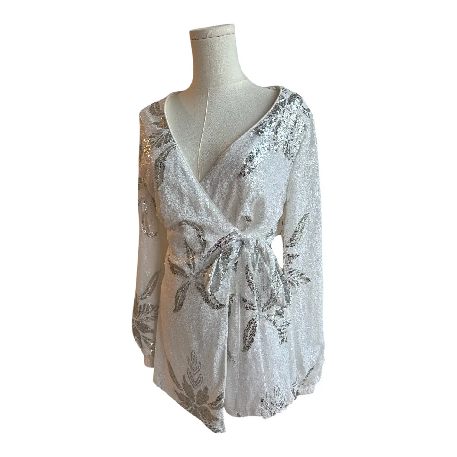 VC14 silver sequin wrap romper with tie waist size small