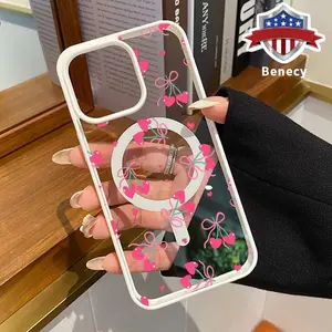 Sweet Hearts and Cherries Pattern Magnetic Phone Case for iPhone 15 16 14 Pro Max 13 12 11 XR XS Plus E Non-Yellowing Clear Crystal Drop-proof Slim Silicone Shockproof Transparent Acrylic Cover Supports Wireless Charging